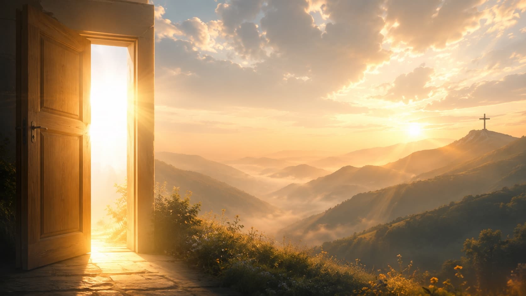 An open wooden door looking out over a sunrise valley with a distant cross